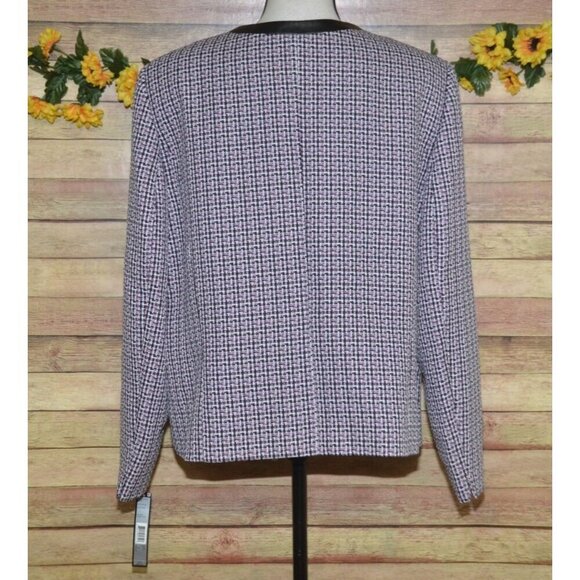 NWT Tahari Arthur Levine 14W Purple Open Tweed Blazer Jacket Faux Leather Trim - Picture 5 of 10